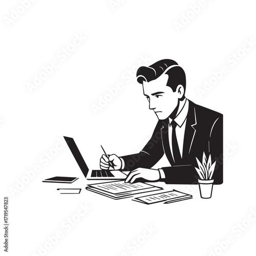 Black and white line art of a hardworking man at office desk with laptop and documents minimalist illustration