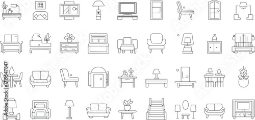 Outline Furniture Icons: Home Interior Design Elements 