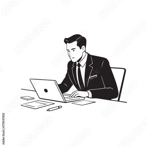 Black and white line art of a hardworking man at office desk with laptop and documents minimalist illustration
