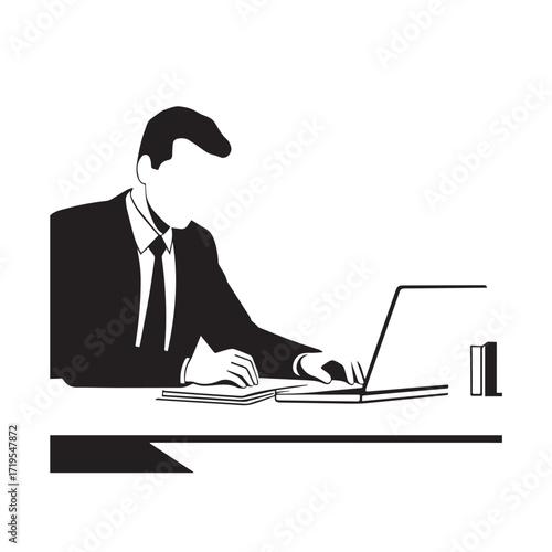 Black and white line art of a hardworking man at office desk with laptop and documents minimalist illustration