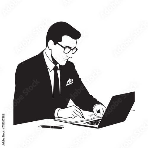 Black and white line art of a hardworking man at office desk with laptop and documents minimalist illustration