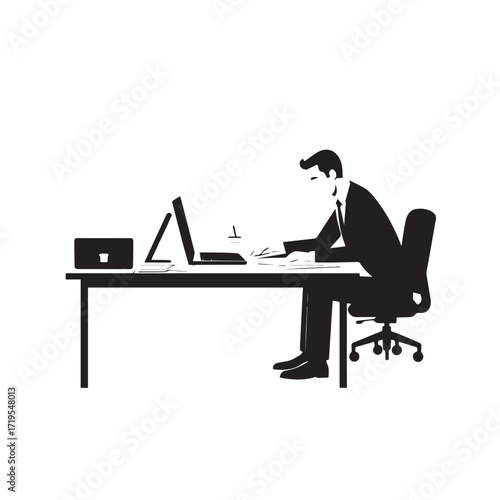 Black and white line art of a hardworking man at office desk with laptop and documents minimalist illustration