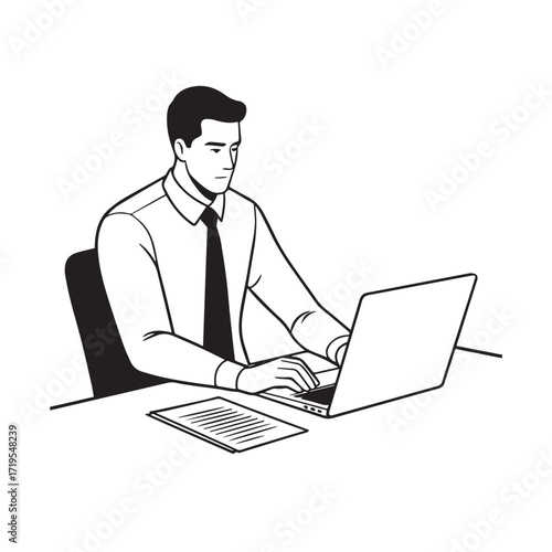 Black and white line art of a hardworking man at office desk with laptop and documents minimalist illustration