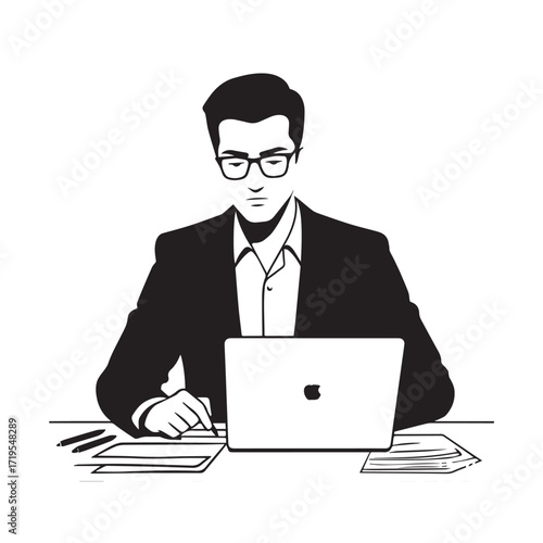 Black and white line art of a hardworking man at office desk with laptop and documents minimalist illustration