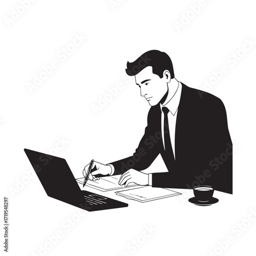 Black and white line art of a hardworking man at office desk with laptop and documents minimalist illustration