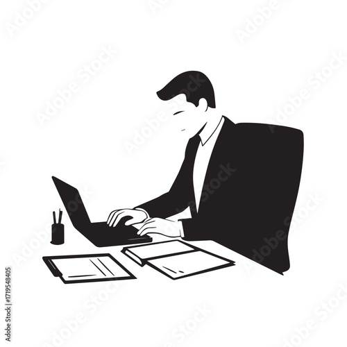 Black and white line art of a hardworking man at office desk with laptop and documents minimalist illustration