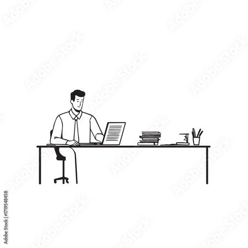 Black and white line art of a hardworking man at office desk with laptop and documents minimalist illustration