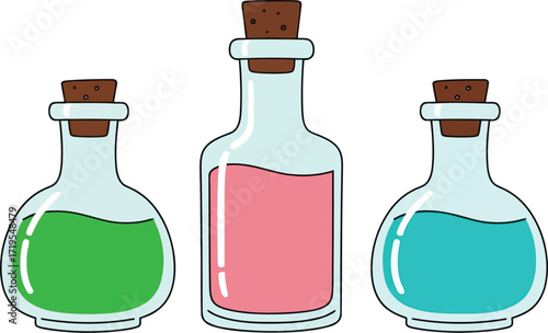 Three colorful liquid filled potion bottles with corks isolated on magical elixir lab vials vector