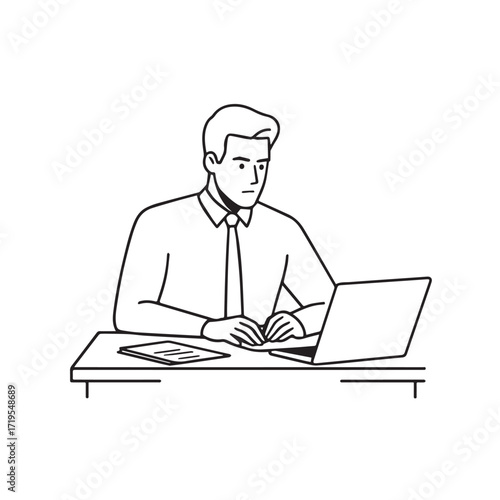 Black and white line art of a hardworking man at office desk with laptop and documents minimalist illustration