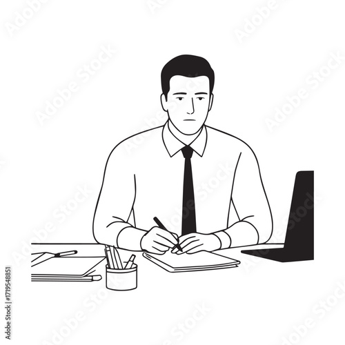 Black and white line art of a hardworking man at office desk with laptop and documents minimalist illustration