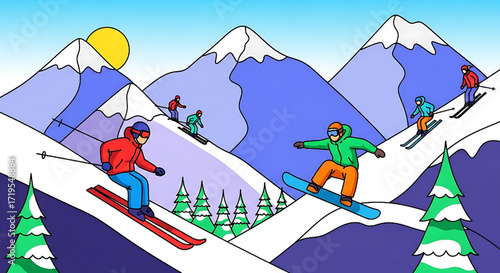 Winter Sports Fun Skiing Snowboarding on Snowy Mountain Slopes Illustration