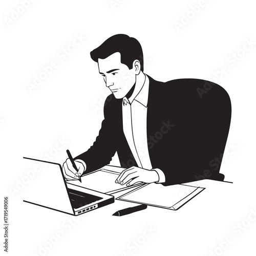 Black and white line art of a hardworking man at office desk with laptop and documents minimalist illustration