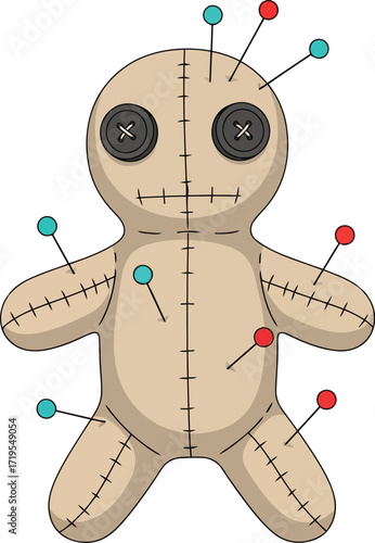 Creepy voodoo doll with pins halloween horror occult magic symbolism dark ritual costume concept vector
