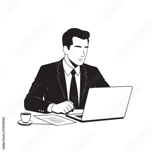 Black and white line art of a hardworking man at office desk with laptop and documents minimalist illustration