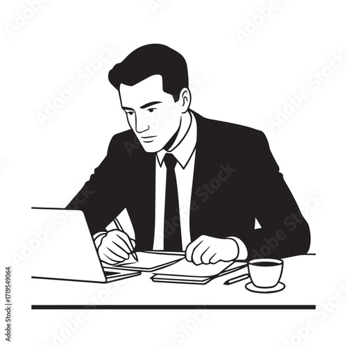Black and white line art of a hardworking man at office desk with laptop and documents minimalist illustration