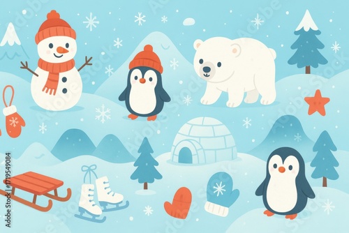 Seamless winter wonderland cartoon pattern for kids with snowmen, igloos, and penguins in soft cheerful winter colors for decor. Generative AI