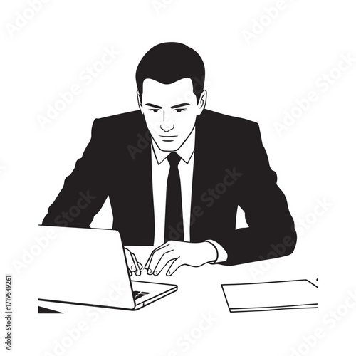 Black and white line art of a hardworking man at office desk with laptop and documents minimalist illustration
