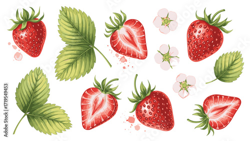A vibrant watercolor illustration showcasing ripe red strawberries, some whole and some halved, alongside fresh green leaves and delicate white blossoms, wit...