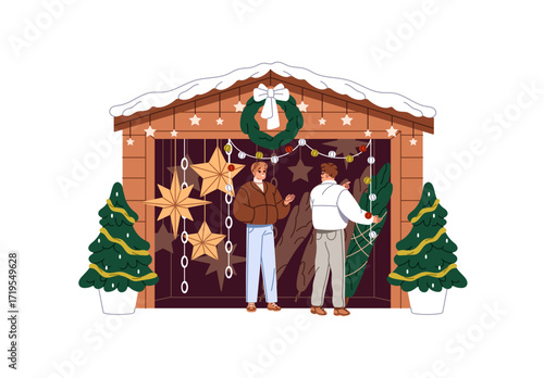 Customer buys Christmas tree in chalet. Buyer takes Xmas fir and ornaments in stall, shop. Vendor sells firtrees, spruces in kiosk at winter funfair. Flat isolated vector illustrations on white.