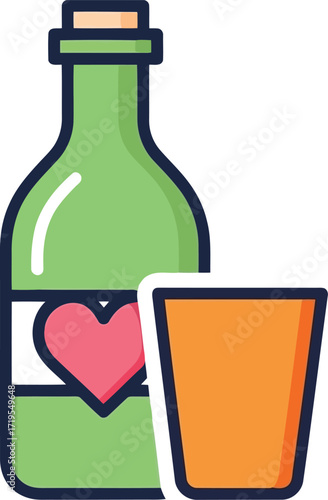 Green bottle with heart symbol next to orange glass for drinks celebration toast toast celebration vector