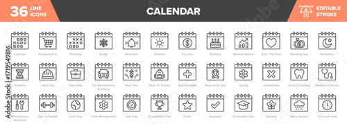 Calendar Line Icon Set - Event, Schedule, Reminder, Holiday Vector Illustration