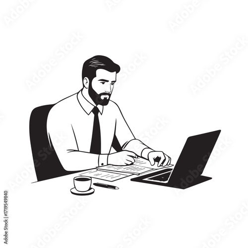 Black and white line art of a hardworking man at office desk with laptop and documents minimalist illustration