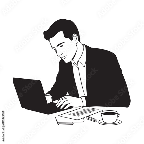 Black and white line art of a hardworking man at office desk with laptop and documents minimalist illustration