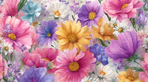 Impressionistic floral artwork with colorful blossoms, leaves, and painterly textures