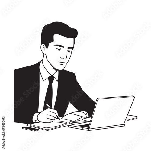 Black and white line art of a hardworking man at office desk with laptop and documents minimalist illustration