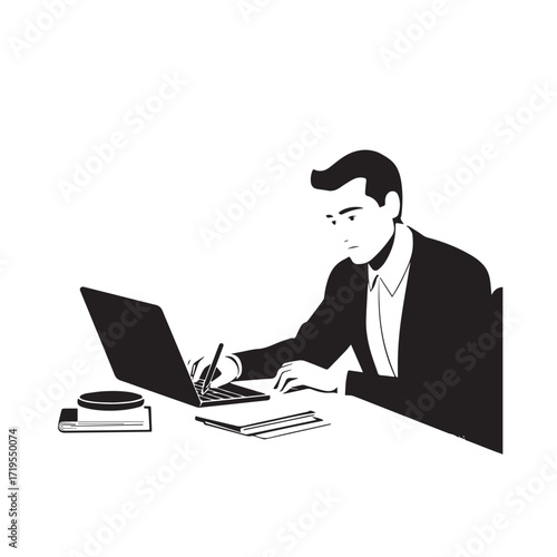 Black and white line art of a hardworking man at office desk with laptop and documents minimalist illustration