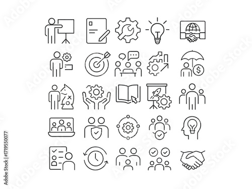“Business strategy and teamwork line icon set, outline style symbols of leadership, planning, innovation, and cooperation, modern thin line vector design”