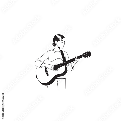Black and white line art of a cool woman playing guitar in casual outfit minimalist stylish illustration
