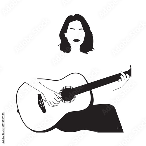 Black and white line art of a cool woman playing guitar in casual outfit minimalist stylish illustration
