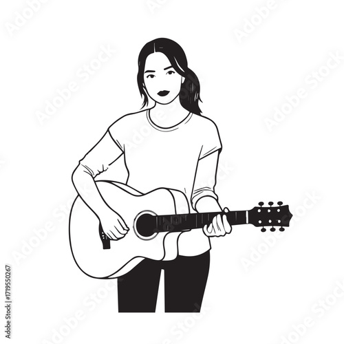 Black and white line art of a cool woman playing guitar in casual outfit minimalist stylish illustration
