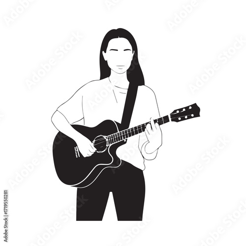 Black and white line art of a cool woman playing guitar in casual outfit minimalist stylish illustration
