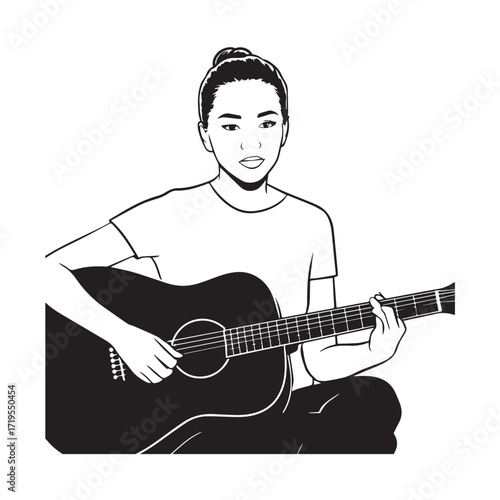 Black and white line art of a cool woman playing guitar in casual outfit minimalist stylish illustration
