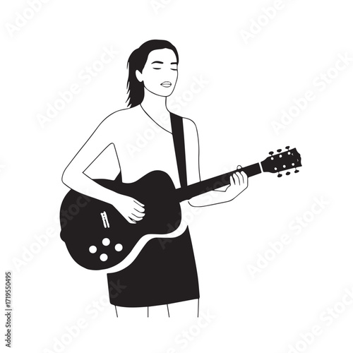 Black and white line art of a cool woman playing guitar in casual outfit minimalist stylish illustration
