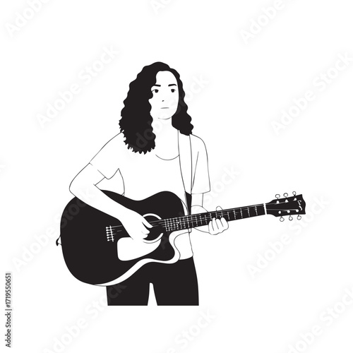 Black and white line art of a cool woman playing guitar in casual outfit minimalist stylish illustration

