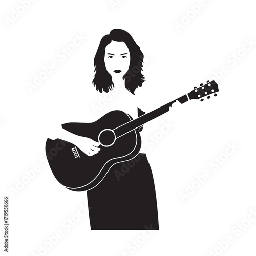 Black and white line art of a cool woman playing guitar in casual outfit minimalist stylish illustration
