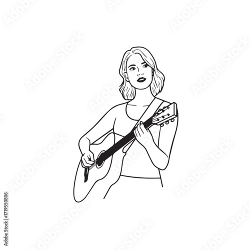Black and white line art of a cool woman playing guitar in casual outfit minimalist stylish illustration
