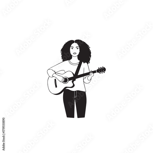 Black and white line art of a cool woman playing guitar in casual outfit minimalist stylish illustration
