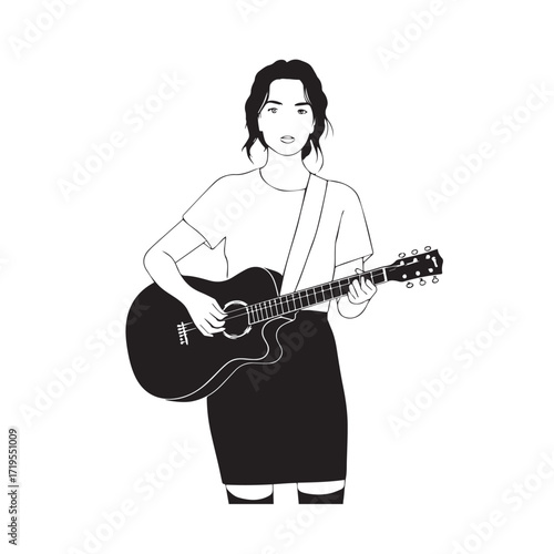 Black and white line art of a cool woman playing guitar in casual outfit minimalist stylish illustration
