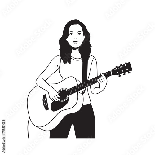 Black and white line art of a cool woman playing guitar in casual outfit minimalist stylish illustration
