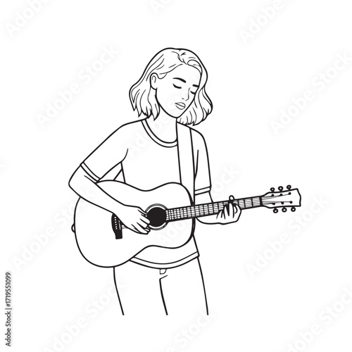Black and white line art of a cool woman playing guitar in casual outfit minimalist stylish illustration
