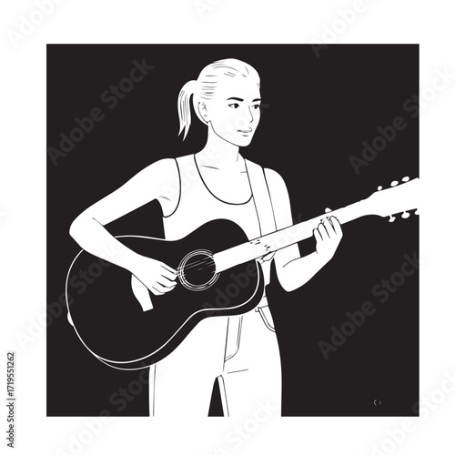 Black and white line art of a cool woman playing guitar in casual outfit minimalist stylish illustration
