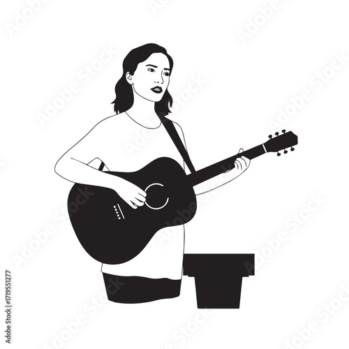 Black and white line art of a cool woman playing guitar in casual outfit minimalist stylish illustration
