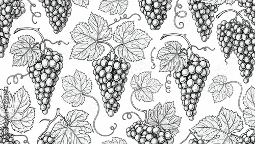 A seamless pattern of detailed black and white illustrations of ripe grape clusters hanging from vines with delicate leaves and tendrils, creating a decorative botanical design.