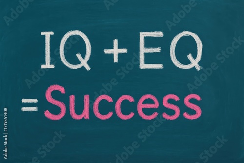 Chalkboard displays IQ plus EQ equals success formula, white and pink chalk illuminating the path to intelligence and emotional achievement