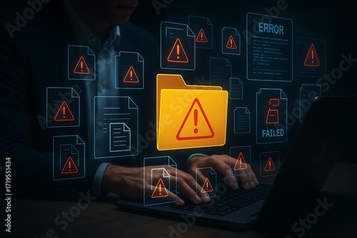 Business professional using laptop facing system warning with corrupted files digital error notification technology security failure data loss alert futuristic system management malfunction