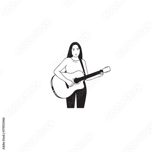 Black and white line art of a cool woman playing guitar in casual outfit minimalist stylish illustration
